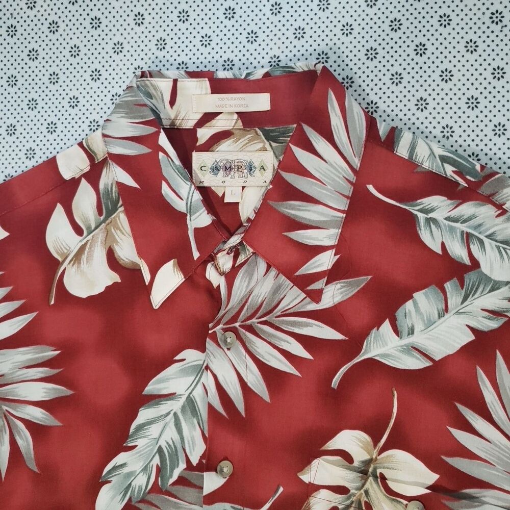 Campa Moda Vintage Men's L Red Tropical Palm Leaf Print Hawaiian Shirt